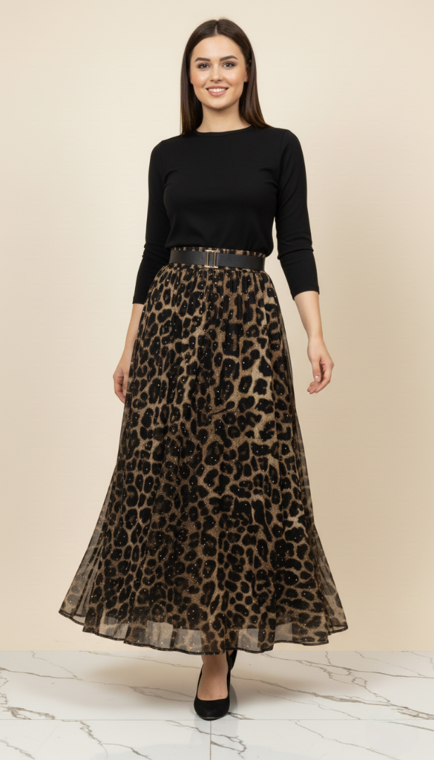 Leopard Print Belted Skirt