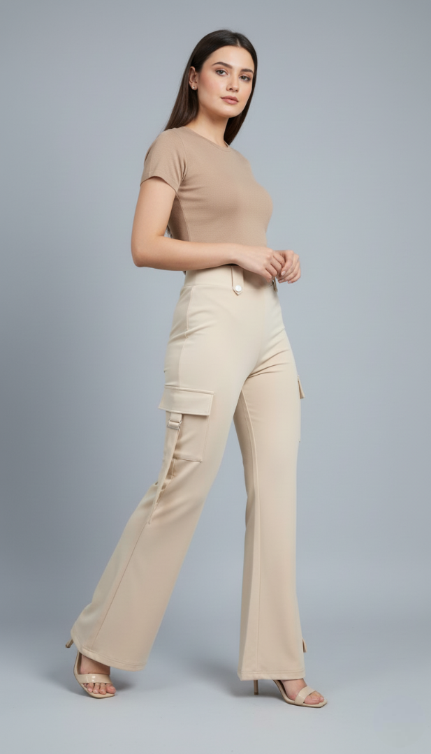 Beige High Waist Cargo Trouser