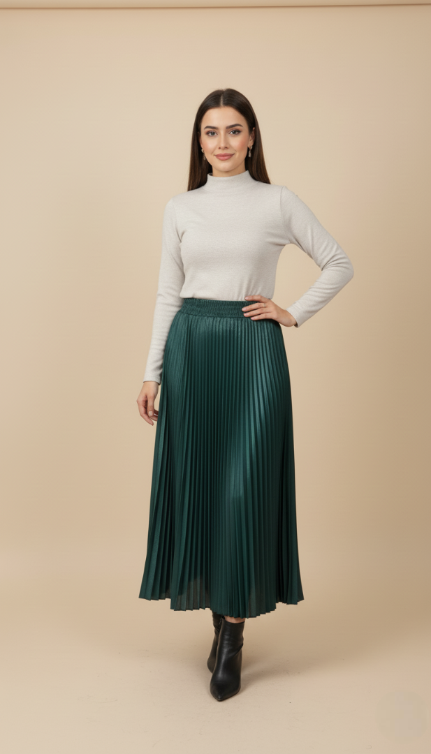 Emerald Green Pleated Midi Skirt