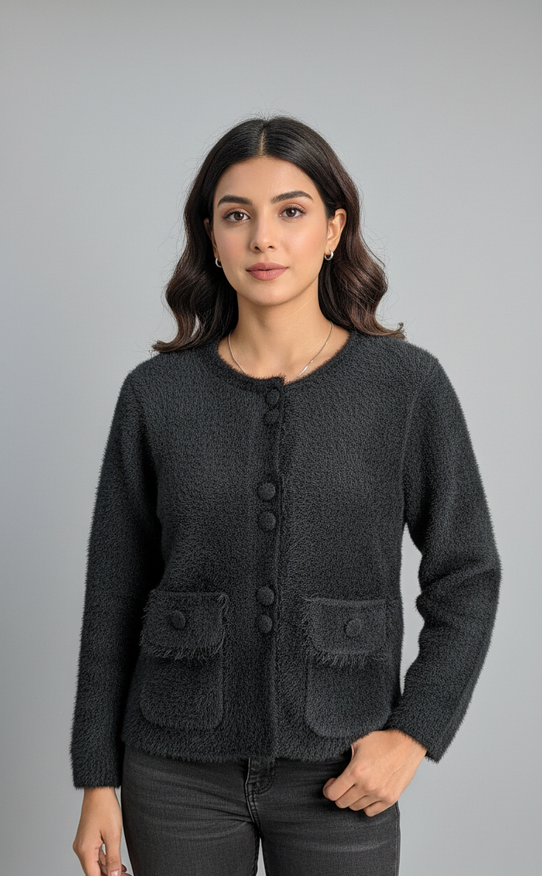 Beige & Black Bouclé Cardigan