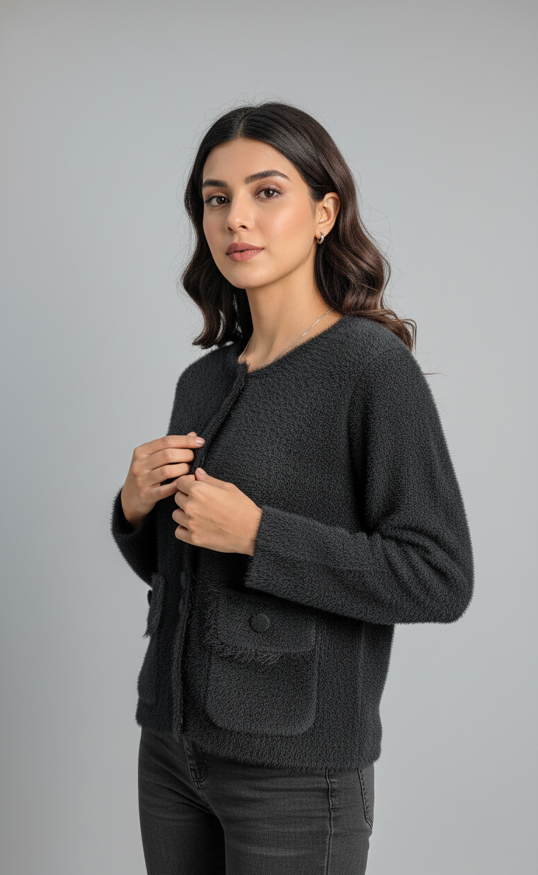 Beige & Black Bouclé Cardigan