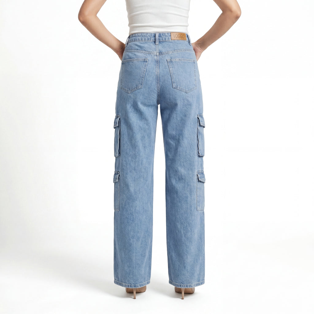 Blue Cargo Wide Leg Jeans