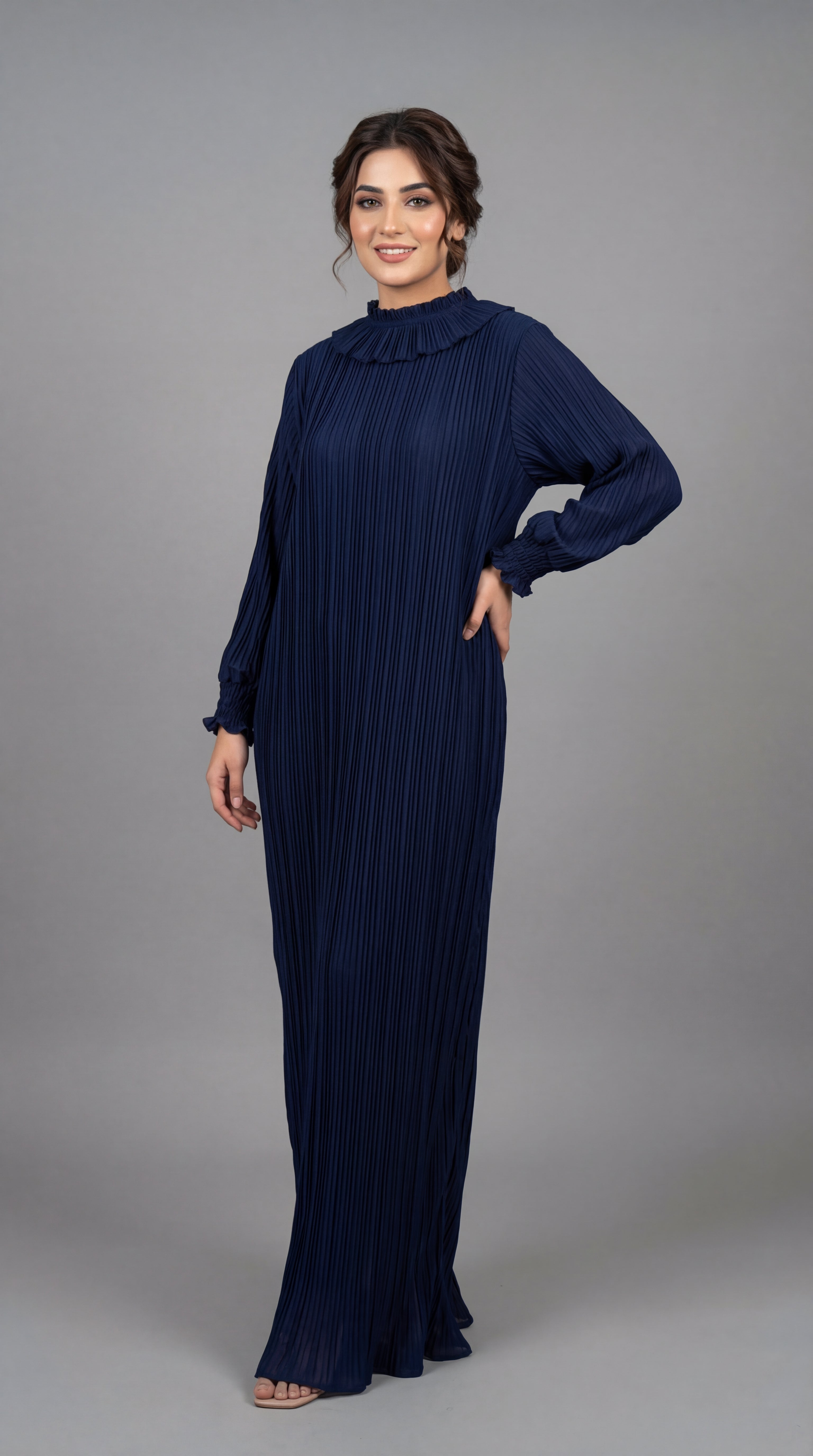 Navy Plissé Maxi Dress