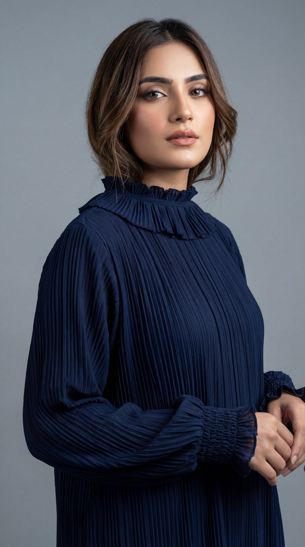 Navy Plissé Maxi Dress