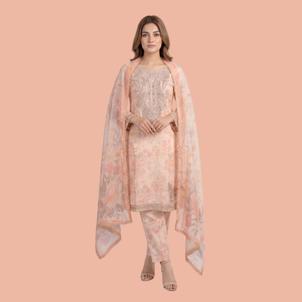 Muskin Peach Flora – 3PC Suit