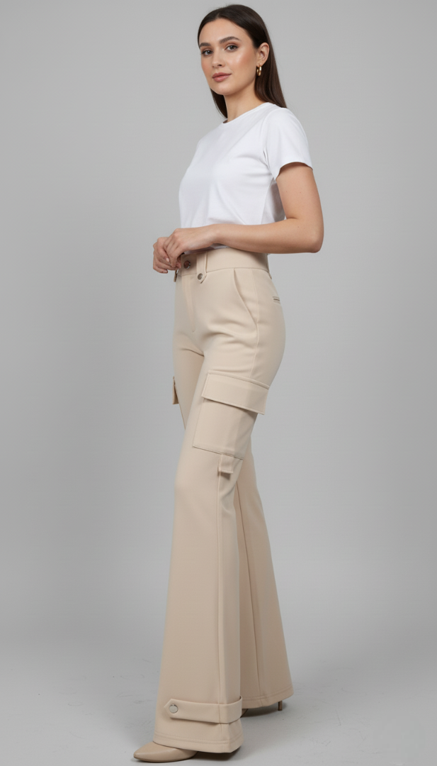 Beige High Waist Cargo Trouser