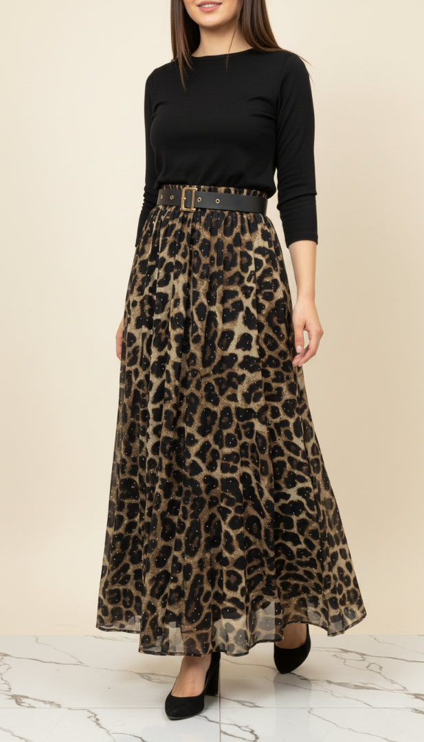 Leopard Print Belted Skirt